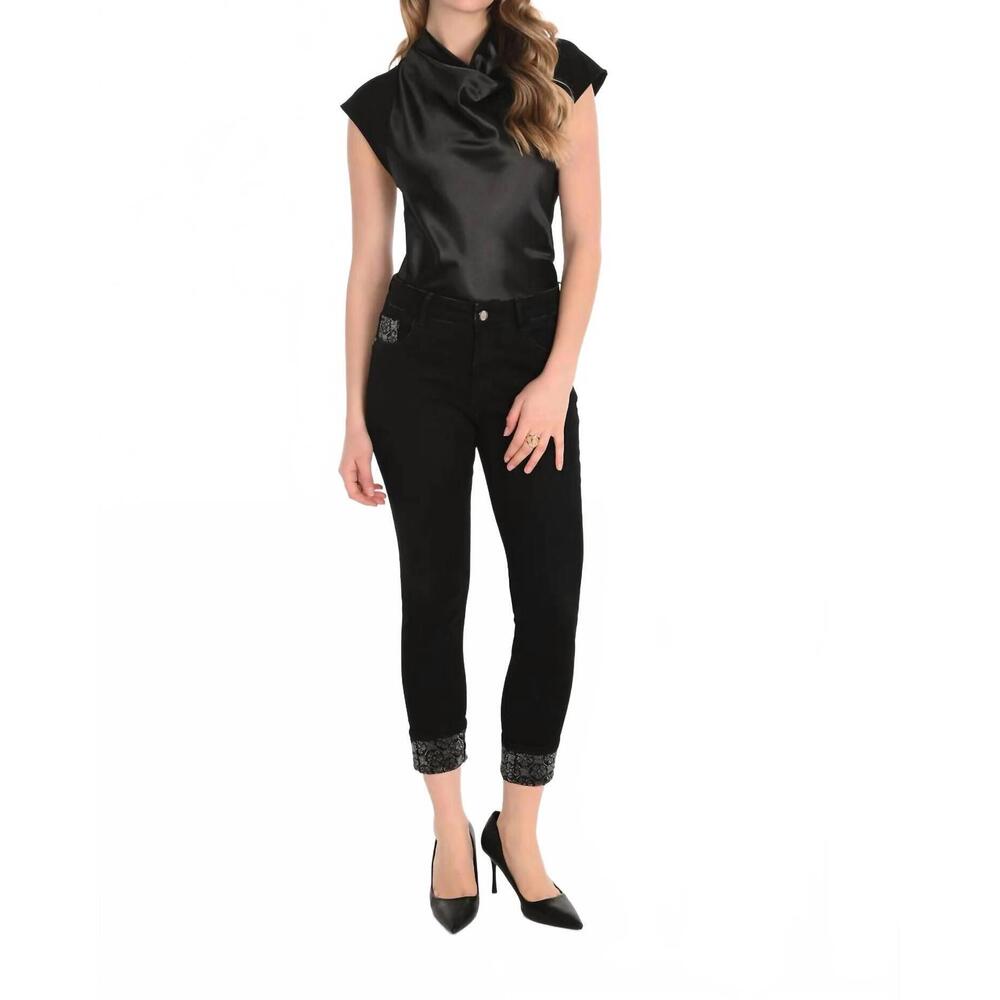 NEW FRANK LYMAN denim embellished ankle-length pant in black